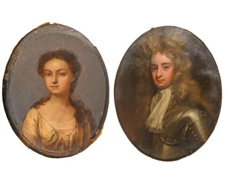 Follower of Sir Godfrey Kneller - Portrait Miniatures of a Nobleman and a Lady, two, the first in armour, the lady with long 