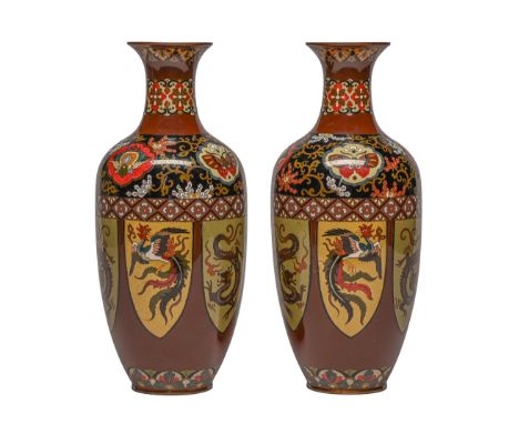 A pair of Japanese cloisonne enamel vases, Meiji period, in two&nbsp; brown ground registers and decorated with phoenix alter