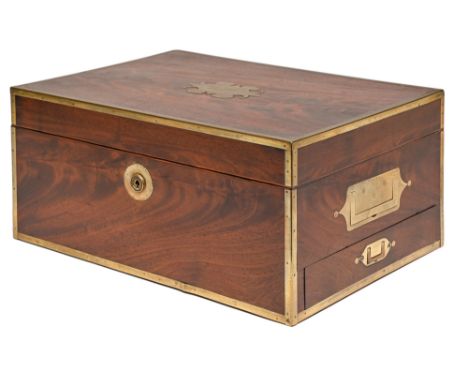 A brass mounted figured mahogany writing box, early 19th c, the shaped tablet to the lid engraved John Secker Windsor, having