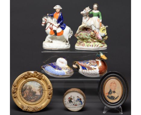 A Staffordshire porcelaneous flatback equestrian figure of Napoleon and another of a goat girl, mid 19th c, 15 and 16cm h, tw