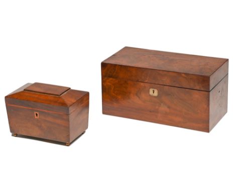 A Victorian mahogany tea chest,&nbsp;in plain and figured veneers, the fitted interior retaining pair of caddies divided cont