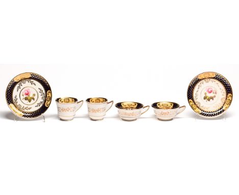 A pair of H &amp; R Daniel trios, c1824, of Etruscan shape, saucer 15cm diam, pattern No 3824  Good condition save for wear t