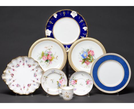 A pair of Royal Worcester dessert plates, c1880,&nbsp;with jewelled border and fluted gilt rim, 23cm diam, impressed mark, pa