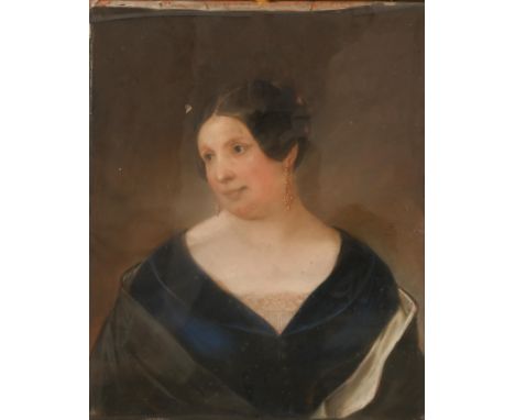 English School - Portrait of a Woman, head and shoulders in a blue dress with gold earrings, signed with initials GF and date