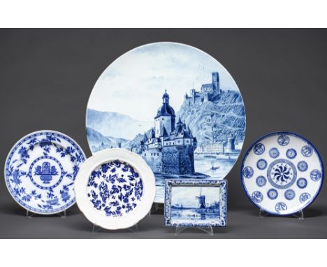 A Dutch delftware blue and white plaque with integral frame, 20th c, 16cm l, a Villeroy &amp; Boch wall plaque painted with a