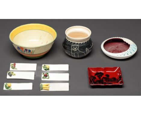 Clarice Cliff. An A J Wilkinson Crocus bowl and a Royal Doulton fFambe landscape ashtray, 1930's, bowl 16.5cm diam, etc  Clar