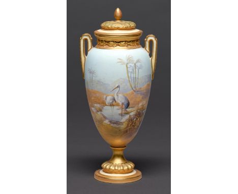 A Royal Worcester vase and cover, 1912, painted by W Powell, signed, with egrets at an oasis in a continuous landscape with p