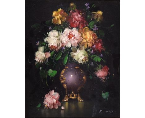 Northern European School, late 20th c - Still Life of Flowers in a Vase, signed K Misi, oil on board, 27.5 x 22.5cm  Good con