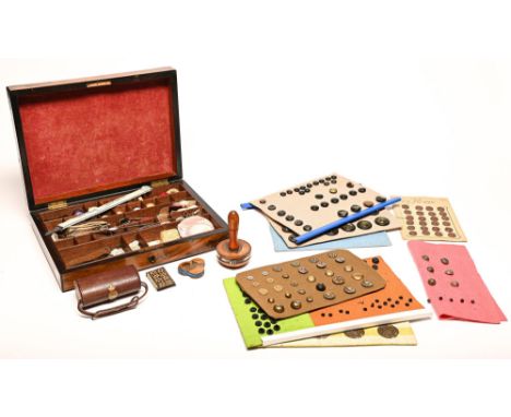 A Victorian walnut box,&nbsp; containing a collection of contemporary and early 20th c needlework tools and accessories,&nbsp