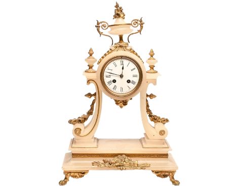 A French gilt lacquered brass mounted alabaster portico clock, late 19th c,&nbsp;with enamel dial, 47cm h Lacks pendulum and 