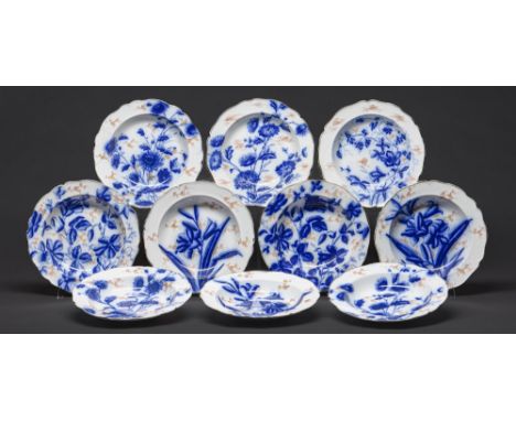 A set of ten Adderley &amp; Co flow blue soup plates, c1890, 23cm diam, impressed and printed marks  One repaired