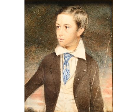 English School, 19th c - Portrait Miniature of a Young Man, in a blue tie and brown coat, ivory, 95 x 76mm, moulded framePlea