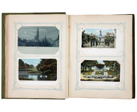 An Edwardian postcard album, the subjects mostly Northern European towns and cities and other subjects, mainly undivided back