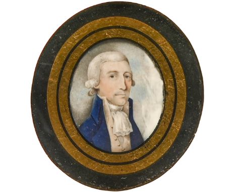English School, late 18th c - Portrait Miniature of a Gentleman, in white cravat and blue coat with powdered hair, ivory, ova