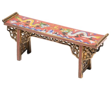 A Chinese gilt brass and cloisonne enamel miniature alter, 19th c, 19.5cm l  The sides slightly bent, enamel undamaged