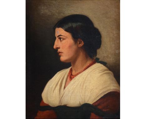 Italian School, 19th c - Portrait of a Woman, head and shoulders in a red dress and coral necklace, oil on canvas, 61 x 49cm 