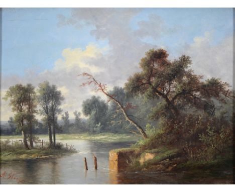 A Stone, 19th c - Wooded River Landscape, signed, oil on canvas, 30 x 41cm  Unlined; small square patch on reverse, extreme c