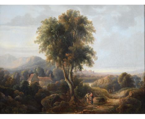 Circle of Patrick Nasmyth - Figures on a Winding Road in a Mountainous Landscape with Distant Castle, oil on canvas, 44 x 59c