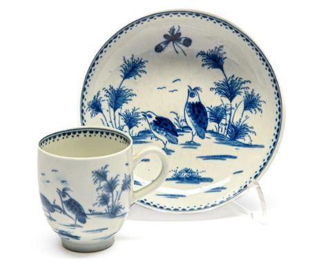 A Worcester blue and white Two Quails pattern coffee cup and saucer, c1775-1780, 12.5cm diam, open crescent mark  Good condit