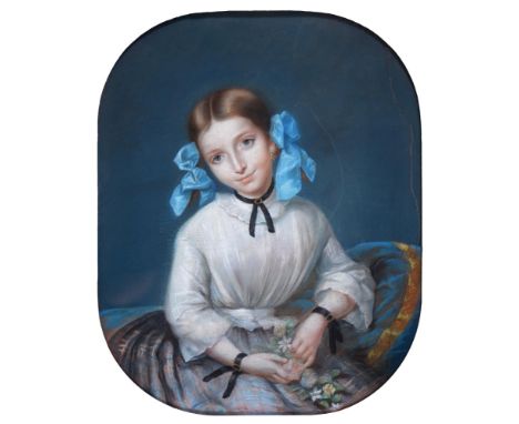 French or possibly Swiss School, mid 19th c - Portrait of a Young Woman, seated half length, in a white dress with blue bows 