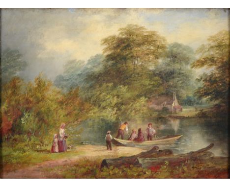 E Partridge (Fl. late 19th c) - Waiting for the Ferry, signed, oil on canvas, 30 x 40cm  Cleaned many years ago, unlined, var