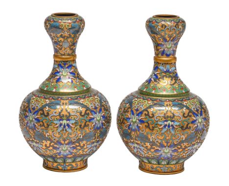A pair of Chinese gilt brass and cloisonné enamel garlic necked vases, 20th c,&nbsp; 20cm h  Good condition