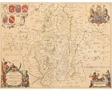 Joan Blaeu - Nottinghamshire, double page engraved map, 1645, hand coloured, 48.5 x 59cm, By and After T Picken - The Grand F