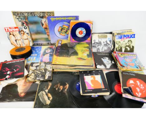 A quantity of 7" and 12" vinyl records to include The Beatles, The Rolling Stones, David Bowie, T Rex, The Clash, George Harr