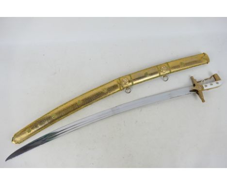 A scimitar type sword with 78 cm (l) blade and 89 cm (l) overall, contained in ornately decorated scabbard. [W]Note: This lot