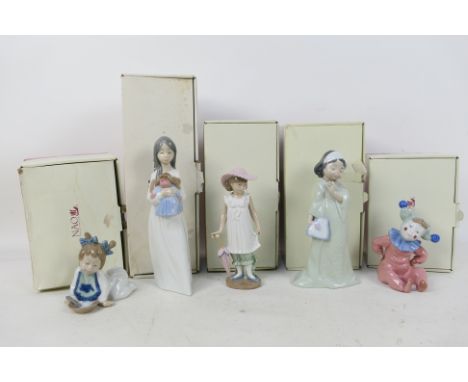 Five boxed Nao figures to include Jingles, April Showers and other, largest approximately 22 cm (h). [W]