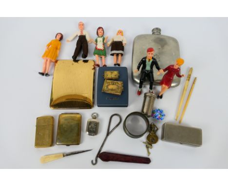 A mixed group of collectables to include hip flask, cigarette cases, cigarette lighter, bone crochet hooks, dolls house figur