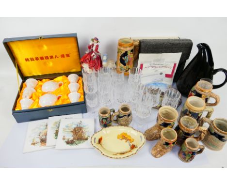 Mixed lot of ceramics and glassware to include Royal Doulton lady figure, tiles marked H & R  Johnson Ltd, Spanish duck figur