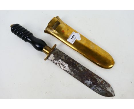 A vintage divers knife with flat brass scabbard and ebonite handle, 20 cm (l) blade, 34 cm (l) overall, probably Siebe Gorman