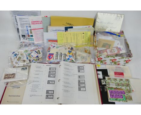 Philately - Lot to include loose stamps, postage labels, philatelic literature and other. [W]