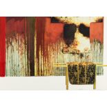 Hermann Nitsch, Schüttbild mit Malhemd und Kasel (Übermalte Bild-Lithografie)