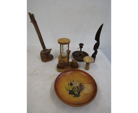 Treen cruet, egg timer, carving, footed dish etc&nbsp;