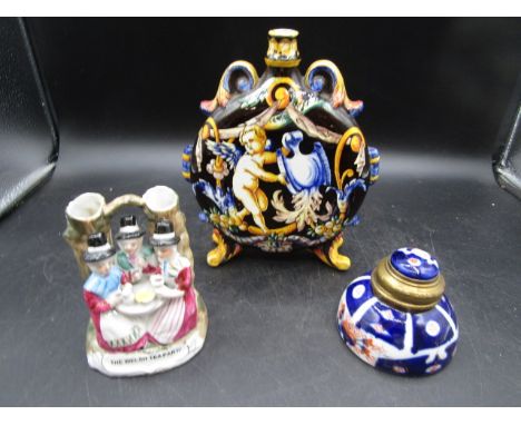 Staffordshire group depicting Welsh tea party, a Victorian Imari pattern ink well and a Gien Faience pilgrim flask&nbsp;