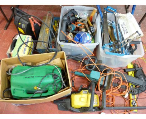 A mixed quantity of garage tools and accessories including a MAC petrol chainsaw, electricals etc E/T