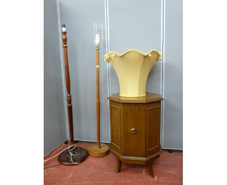 Octagonal single door cabinet and two vintage wooden standard lamps