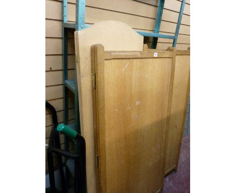Three folding wooden screens, a metal sack truck and a multi shelf metal storage rack