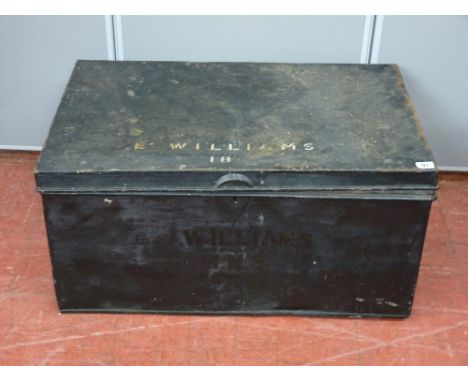 Vintage tin travelling trunk marked 'E Williams', 37 cms high, 76 cms wide, 49 cms deep, tin lined with metal carry handles