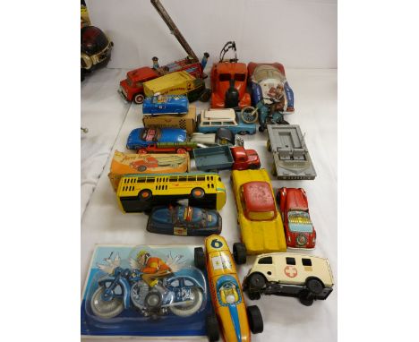 Quantity of mainly vintage tinplate clockwork and friction action cars, trucks and motorbikes including a Mercedes retailed b