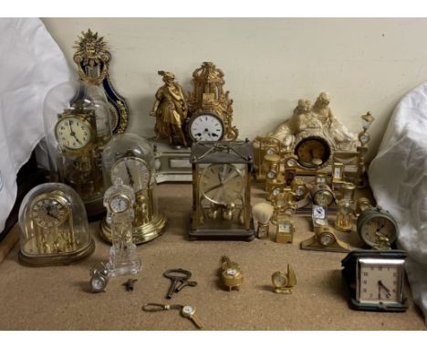 A gilt metal and alabaster mantle clock, together with anniversary clocks, plaster clock, a collection of modern miniature cl