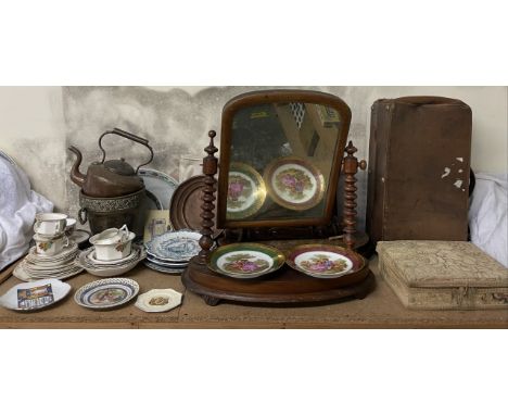 A pair of Limoges porcelain plates together with a diamond jubilee plate, part tea set, copper kettle, toilet mirrors, leathe