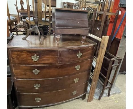 A George III mahogany chest of drawers together with a night table, a wine table, umbrella stand, towel rail and two folding 