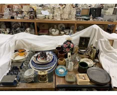 A coral mantle clock, together with Wade ashtrays, Arthur Wood mugs, cake stands, meat plates, glass bottles, toast rack, ora