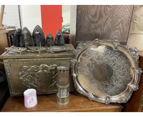 A W.E. Teale &amp; Co brass and steel miners lamp together with flat irons, iron stands, brass bound coal box, commemorative 