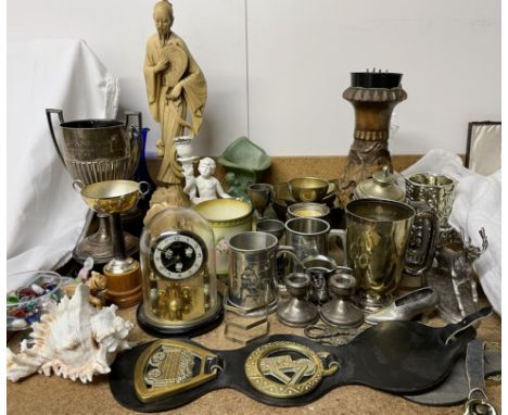 A silver twin handled trophy cup, together with other trophy cups, tankards, anniversary clock, etc 