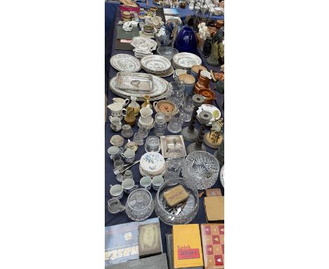 An extensive lot including glass bowls, cased flatwares, anniversary clock, Indian tree pattern part dinner set, glass bowls 