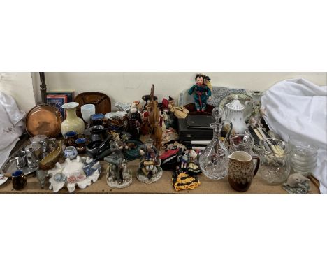 A Poole pottery dolphin together with copper lustre jugs, souvenir dolls, small copper warming pan, cased flatwares, glass ju